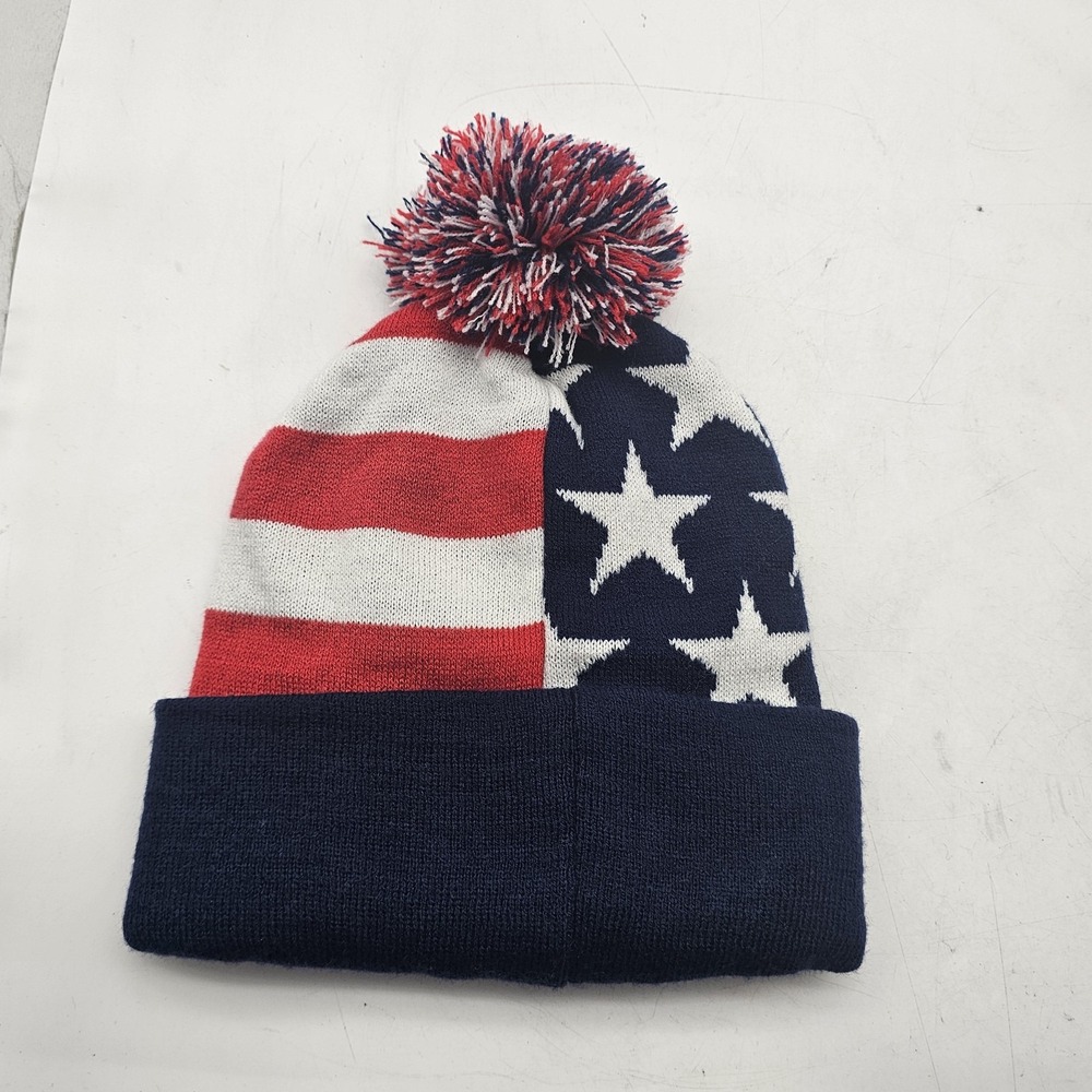 USA Flag Hat Beanie Pom Red White Blue Stars Stripes Knit One Size Mens